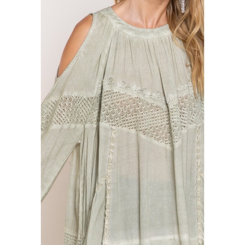 POL Sage Green Long Sleeve Lace Inset Ruffled Tunic Top - Picture 2 of 8